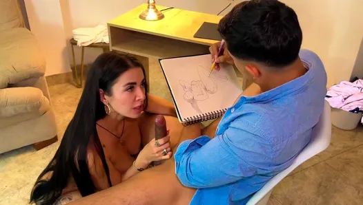 kolombiyalı silvana lee'nin büyük göğüslerini çıplak çizerken sanatçı kendini tutamaz ve mastürbasyon yapamaz - angel cruz